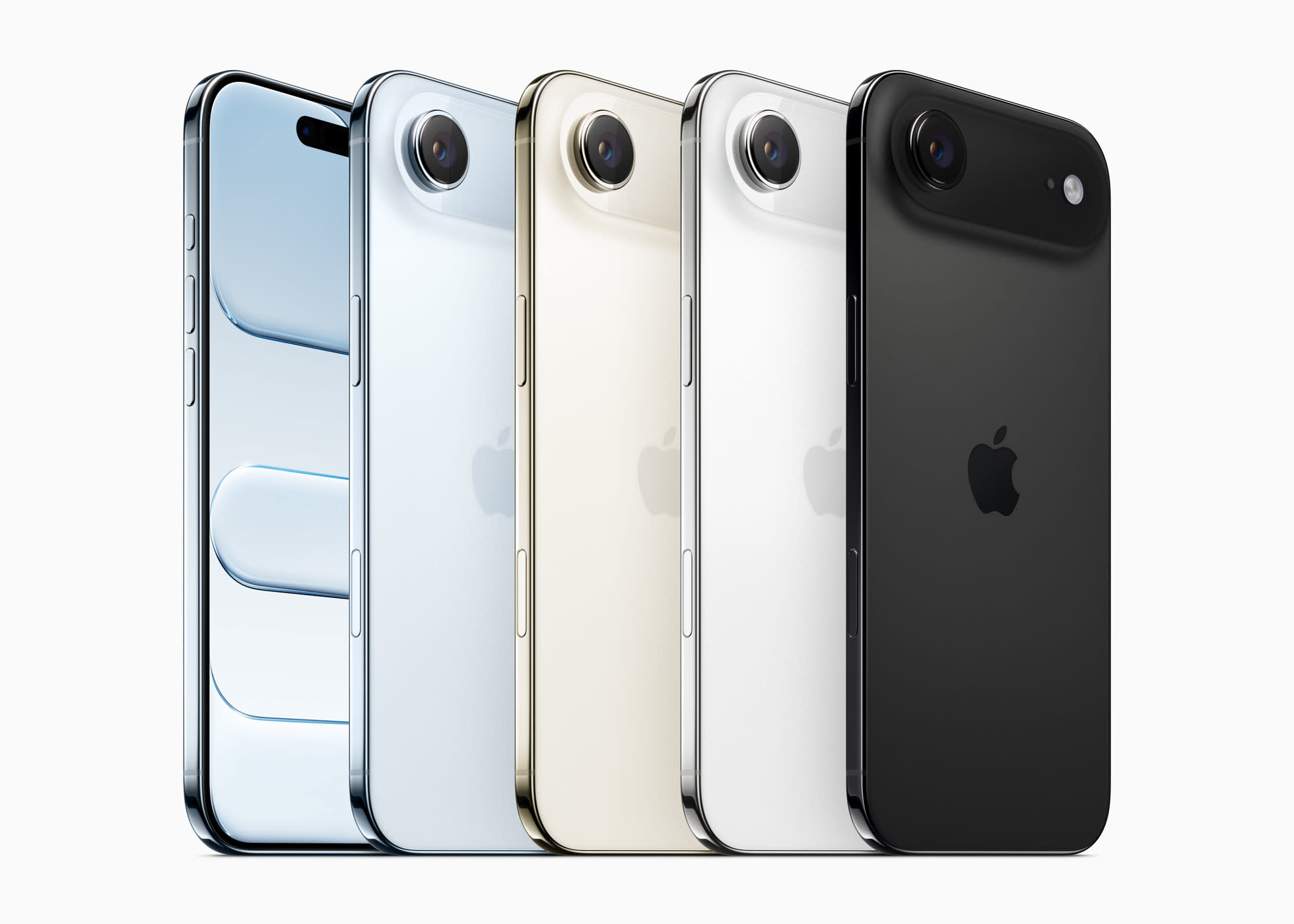 A lineup of four iPhones in different colors: blue, gold, white, and black, showcasing the back and camera design.