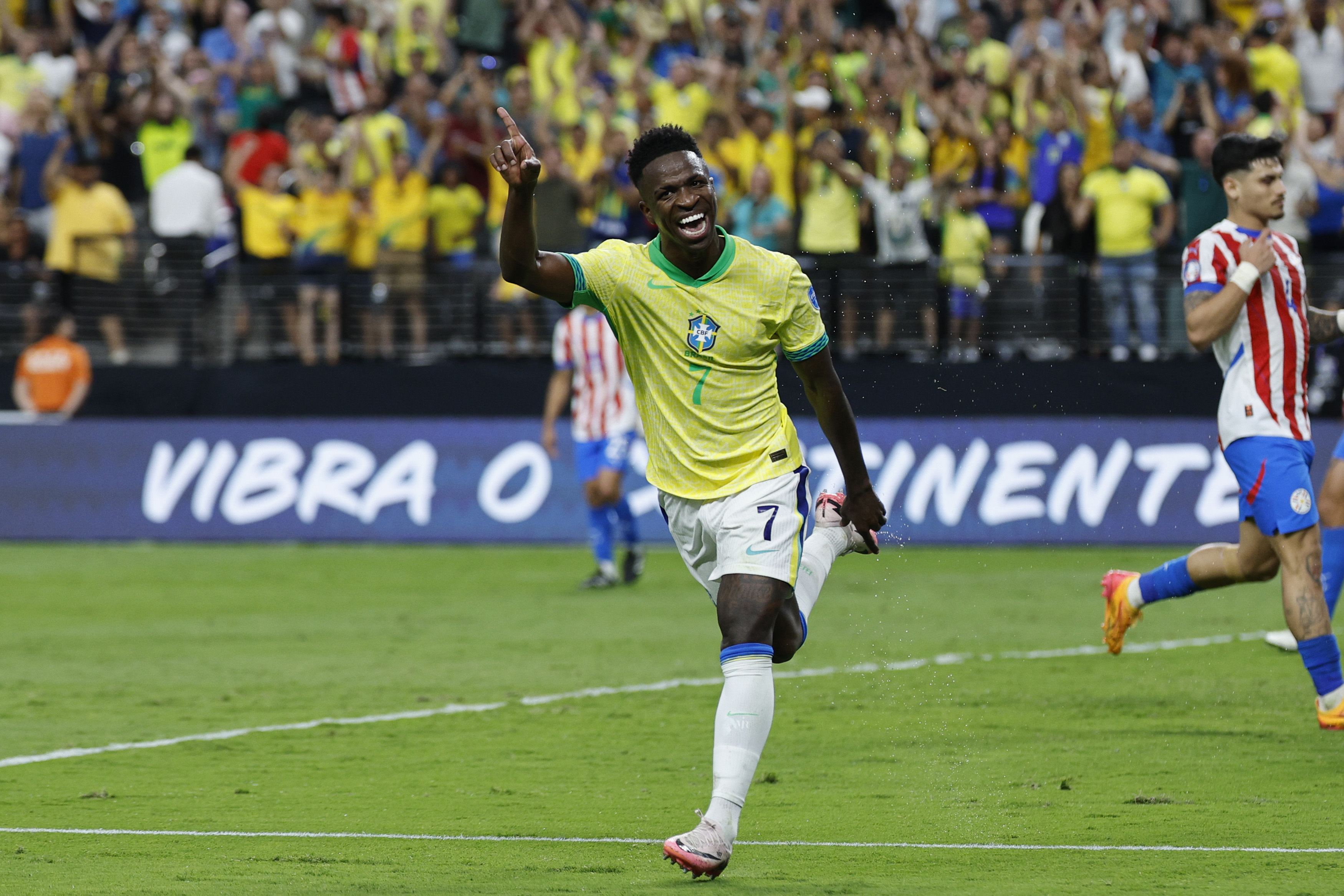 Vinicius Jr. celebrates a goal against Paraguay at the 2024 Copa Americana. 