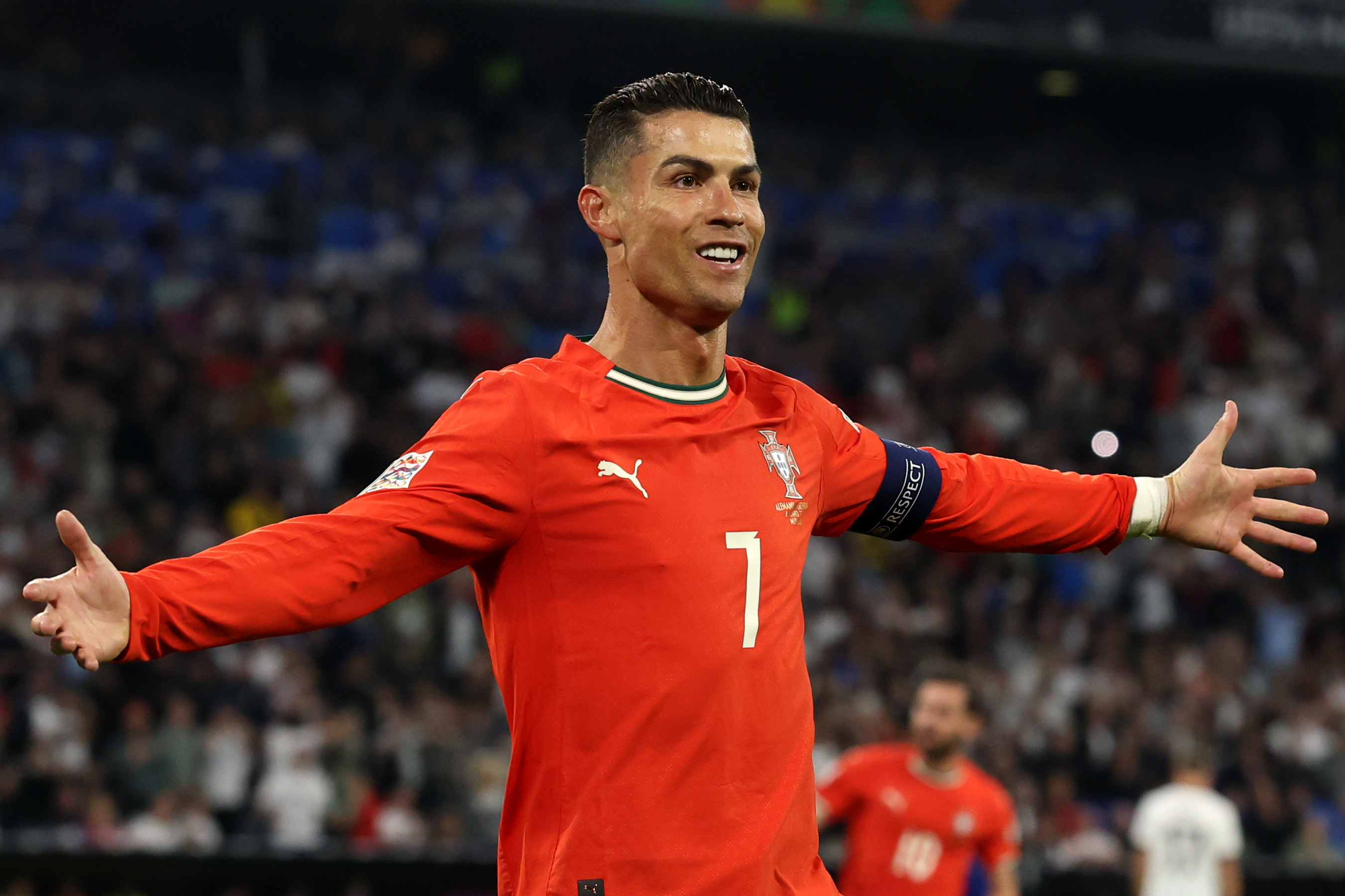 Cristiano Ronaldo celebrates after scoring a goal for Portugal in the 2025 UEFA Nations semifinal. 