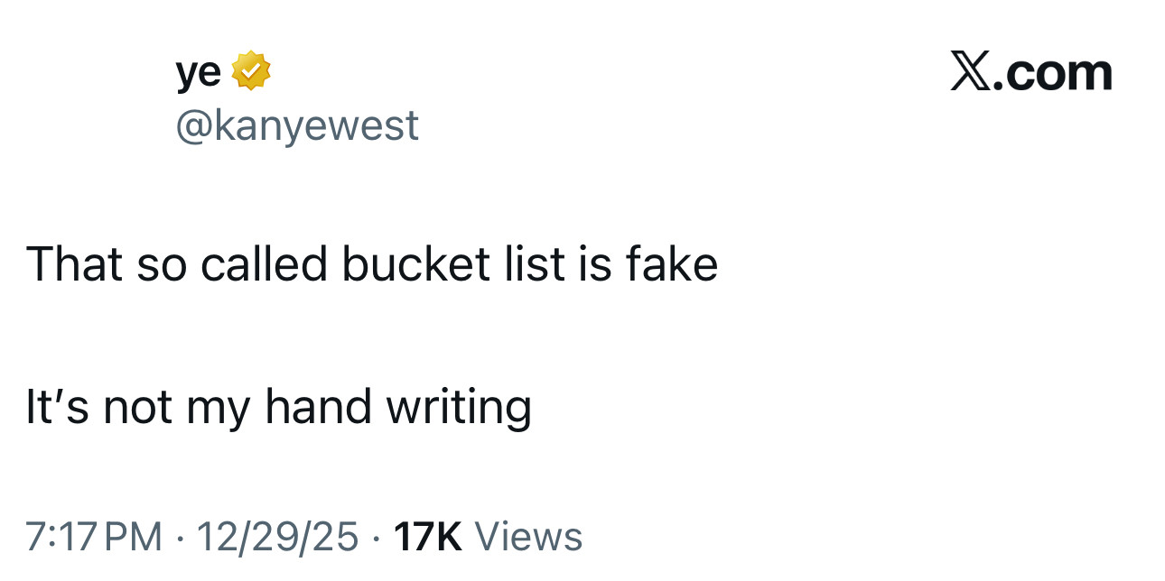 A tweet by Ye (@kanyewest) stating, 