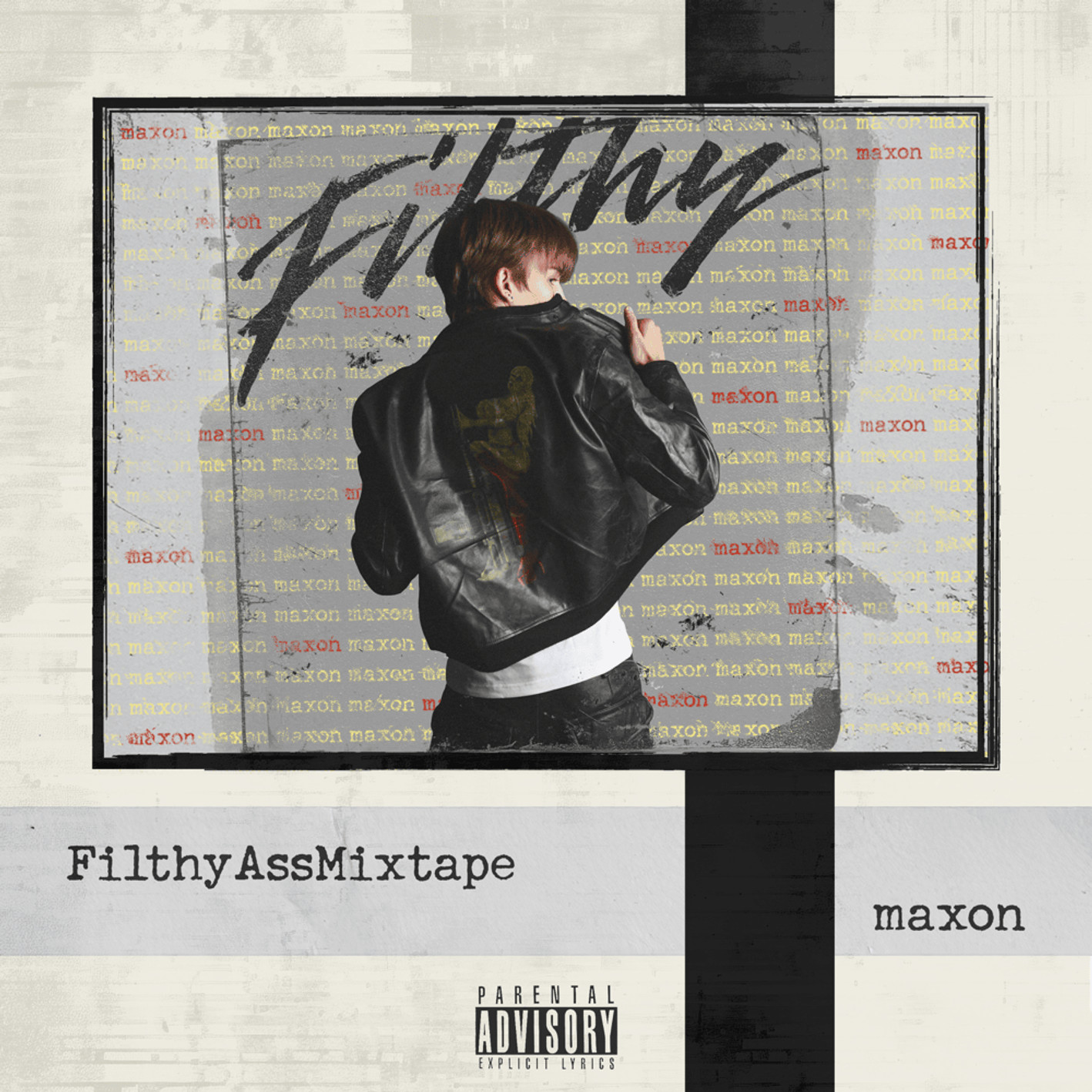 A person facing away, wearing a black leather jacket with 